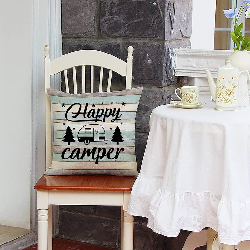 Faromily Happy Camper Pillow Covers Vintage Rustic Wood Background Inspirational Quotes Home Outdoor Decorative Throw Pillow Case Cushion Cover Set of 4 18" x 18" - Image 4